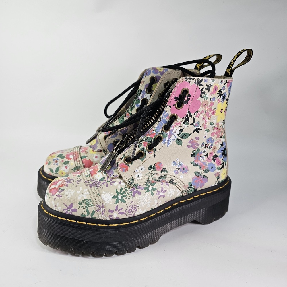 Dr. Martens Sinclair Floral Mash Up Leather Platform Zip Boots Women's 6 Floral